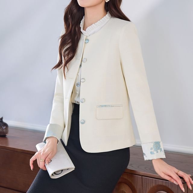 Skyheart-Round Neck Panel Jacquard Button Jacket