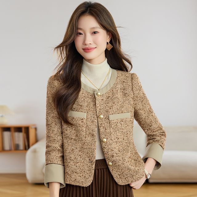Skyheart-Round Neck Panel Tweed Button Jacket
