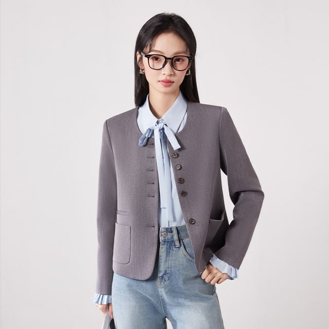 Skyheart-Round Neck Plain Button Blazer