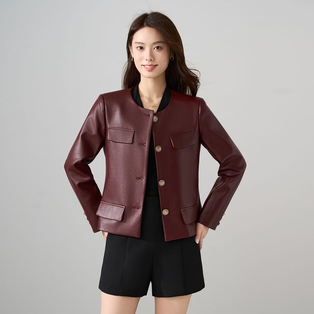 Skyheart-Round Neck Plain Faux Leather Button Jacket