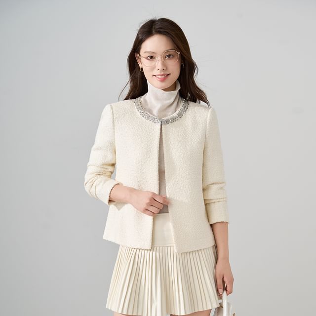 Skyheart-Round Neck Sequin Tweed Jacket