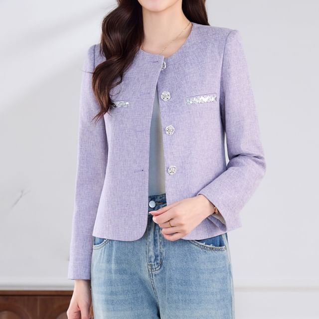 Skyheart-Round Neck Sequin Tweed Rhinestone Button Jacket