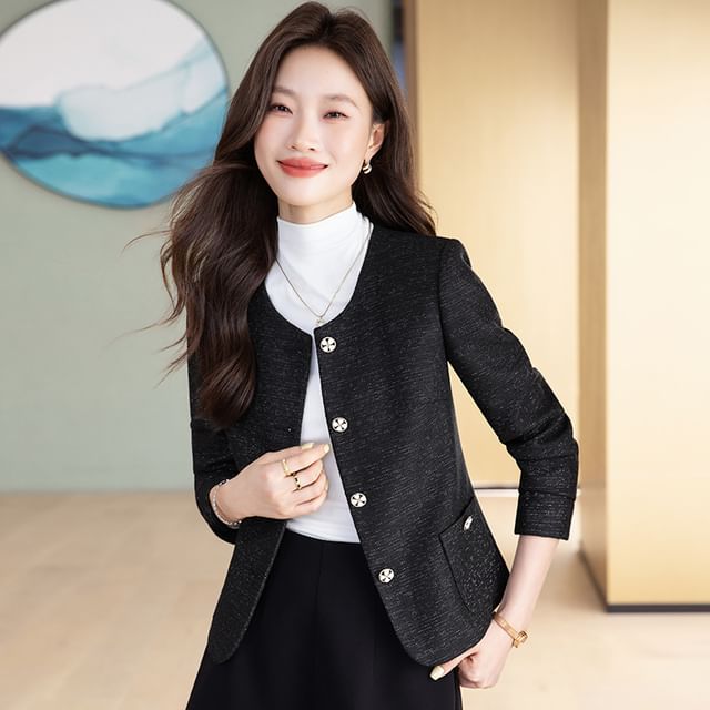 Skyheart-Round Neck Tweed Button Jacket