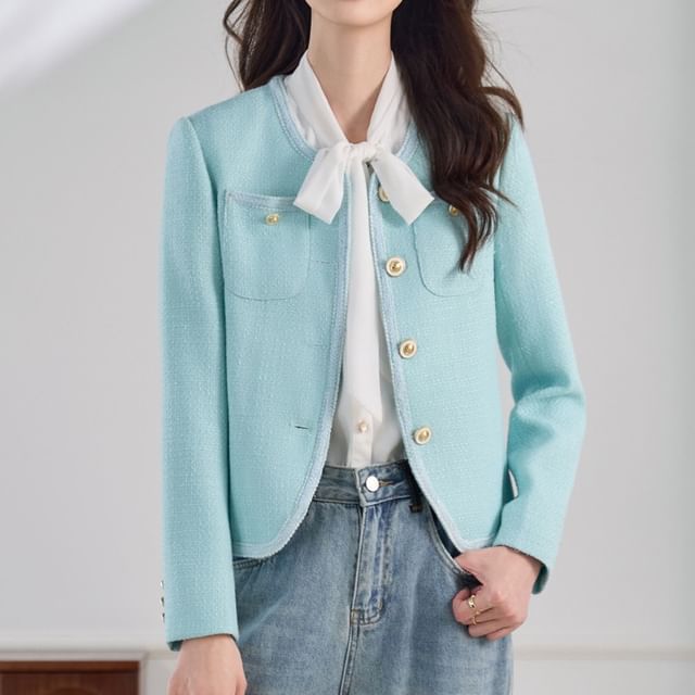 Skyheart-Round Neck Tweed Button Jacket