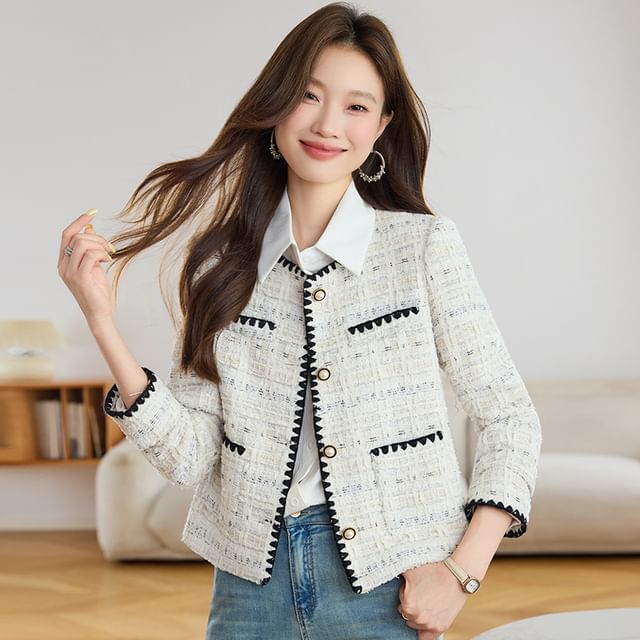 Skyheart-Round Neck Tweed Faux Pearl Button Jacket