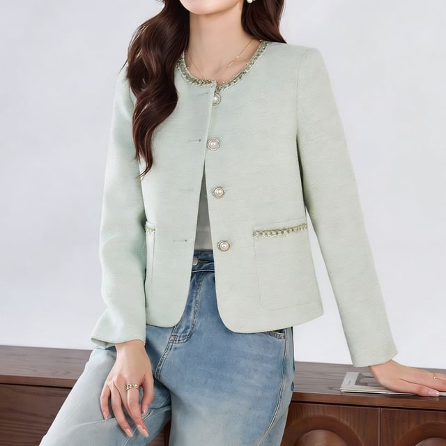 Skyheart-Round Neck Tweed Faux Pearl Button Jacket