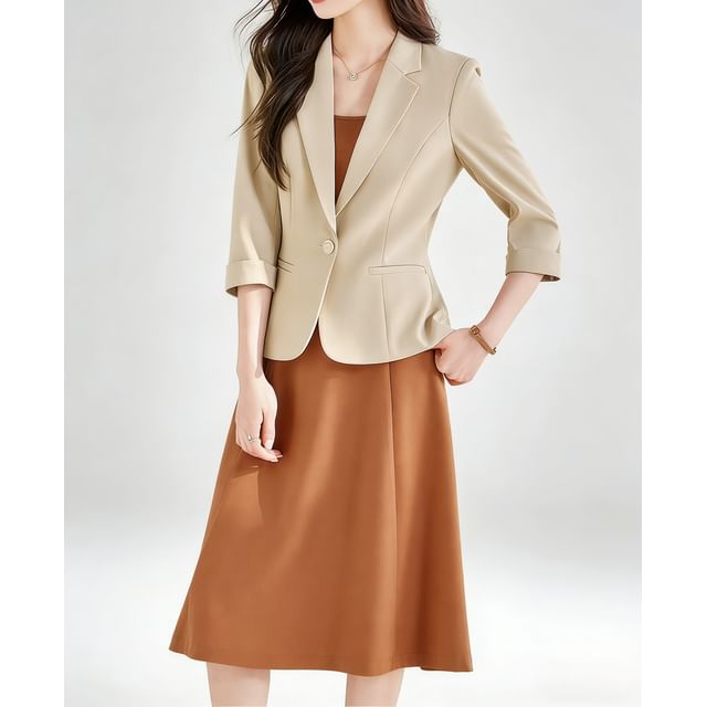 Skyheart-Set 34 Sleeve Notch Lapel Plain Single Breasted Blazer Spaghetti Strap Plain Midi A-Line Dress