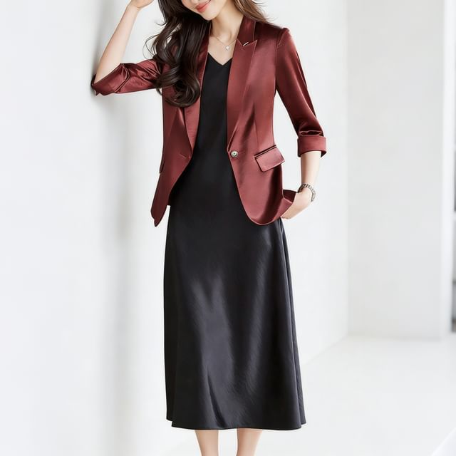 Skyheart-Set 34-Sleeve One Buttoned Plain Blazer Sleeveless Maxi Sheath Dress