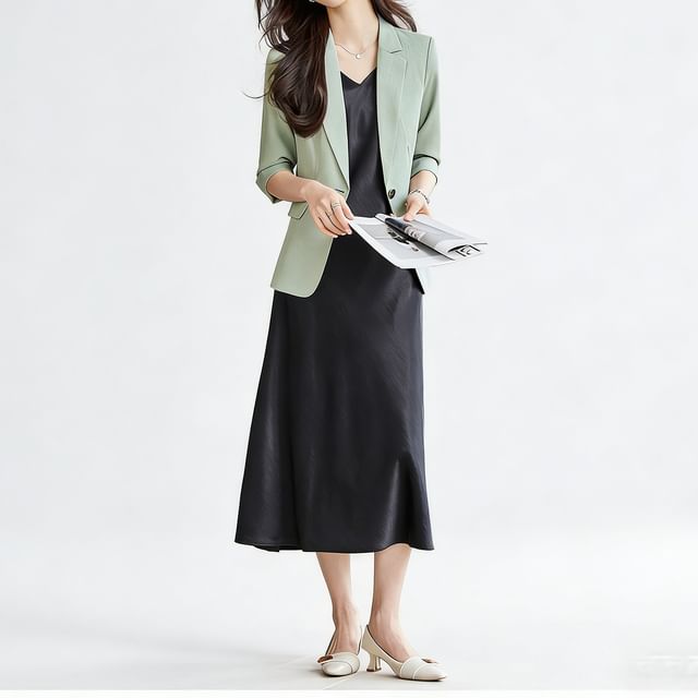 Skyheart-Set 34-Sleeve One Buttoned Plain Blazer Sleeveless V-Neck Maxi Sheath Dress