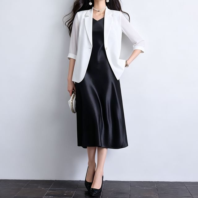 Skyheart-Set 34-Sleeve One Buttoned Plain Blazer Sleeveless V-Neck Plain Maxi A-Line Dress