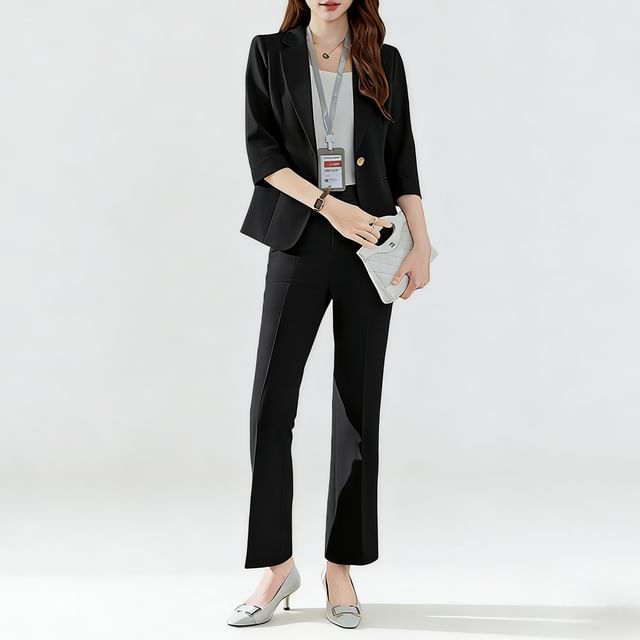 Skyheart-Set 34-Sleeve Plain One Button Blazer Mid Rise Straight Leg Dress Pants