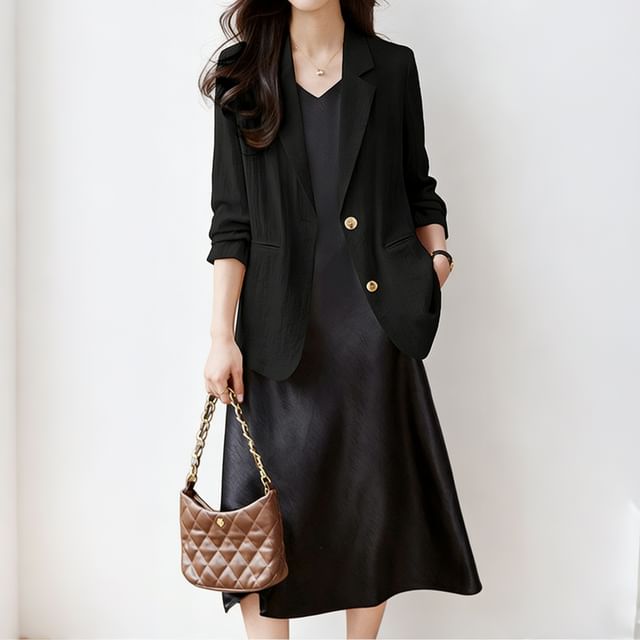 Skyheart-Set Button-Up Plain Blazer Sleeveless V-Neck Mesh Sheath Dress