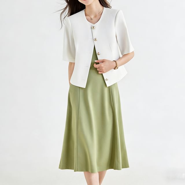 Skyheart-Set Button-Up Plain Jacket Sleeveless Midi A-Line Dress