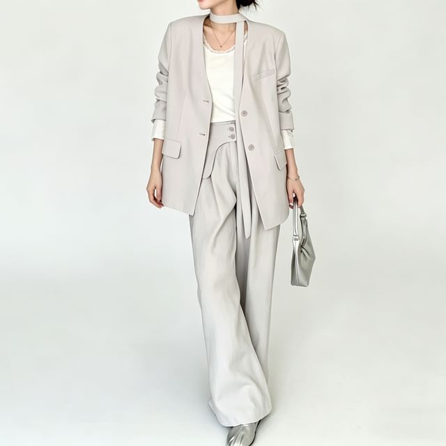 Skyheart-Set Collarless Plain Single Breasted Blazer High Waist Plain Wide Leg Dress Pants