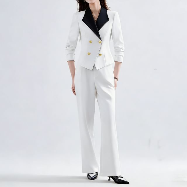Skyheart-Set Contrast Lapel Double Breasted Blazer High Waist Plain Flared Dress Pants