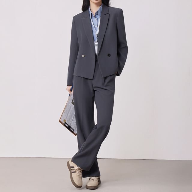 Skyheart-Set Double Breasted Plain Blazer High Waist Straight Leg Dress Pants