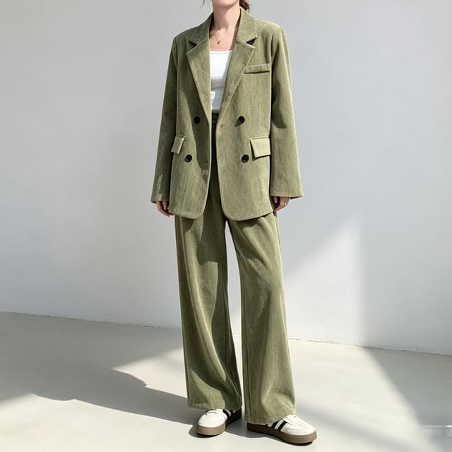 Skyheart-Set Lapel Collar Plain Double Breasted Blazer High Waist Plain Wide Leg Pants