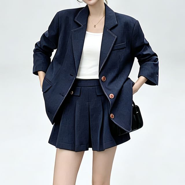 Skyheart-Set Lapel Collar Stitching Single Breasted Blazer High Waist Mini Pleated Skirt