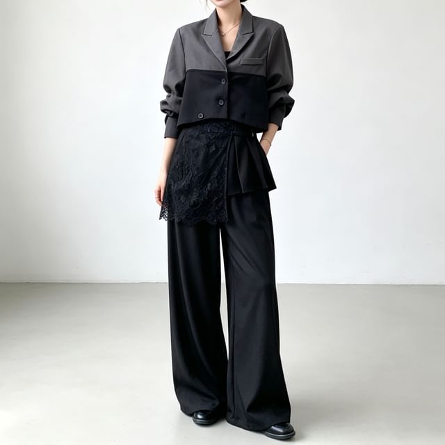Skyheart-Set Lapel Collar Two Tone Single Breasted Blazer High Waist Skirt Overlay Wide Leg Pants