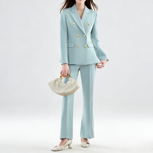 Skyheart-Set Peak Lapel Plain Double Breasted Blazer High Waist Flared Dress Pants
