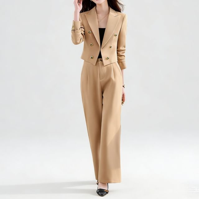Skyheart-Set Peak Lapel Plain Double Breasted Blazer High Waist Flared Dress Pants