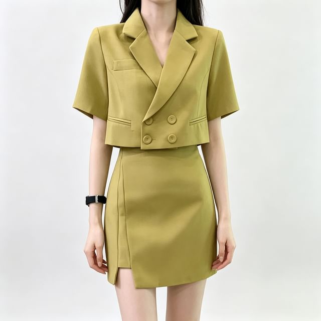 Skyheart-Set Short-Sleeve Notch Lapel Double-Breasted Plain Cutout Back Crop Blazer High Waist Slit Mini A-Line Skirt