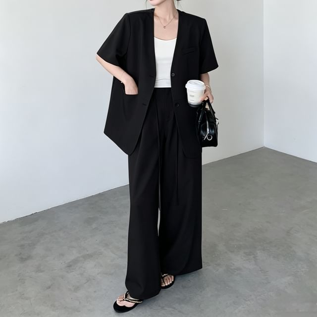 Skyheart-Set Short-Sleeve V-Neck Plain Single Breasted Blazer High Waist Plain Wide Leg Pants