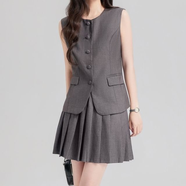 Skyheart-Set Sleeveless Button-Up Plain Top High Waist Mini Pleated Skirt