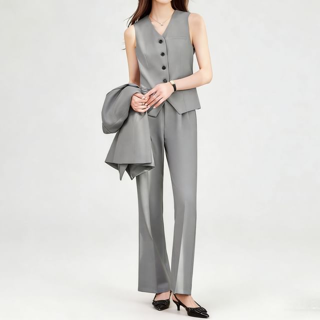 Skyheart-Set V-Neck Button-Up Plain Vest Bootcut Dress Pants