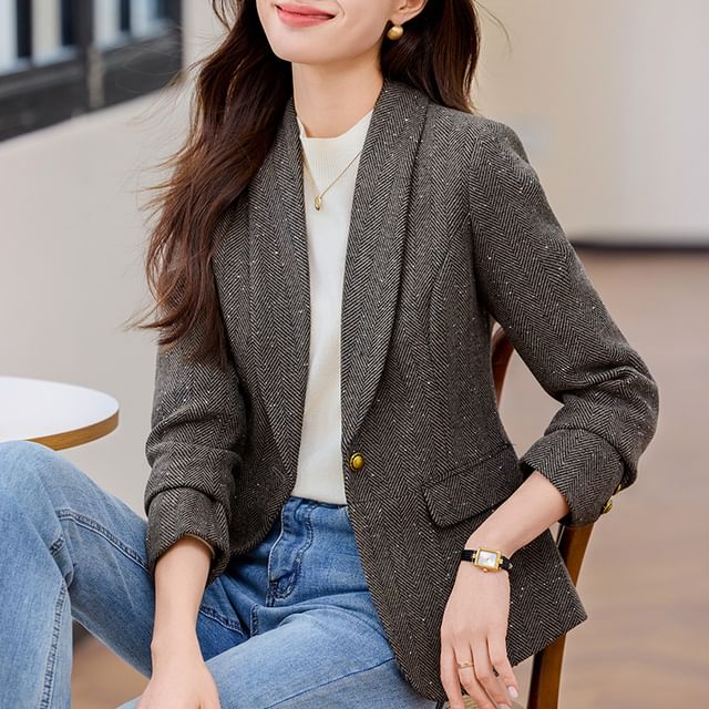 Skyheart-Shawl Collar Herringbone Sequin One-Buttoned Blazer