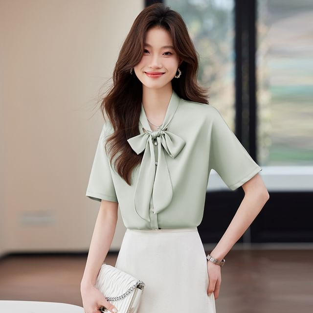 Skyheart-Short-Sleeve Tie-Neck Plain Blouse