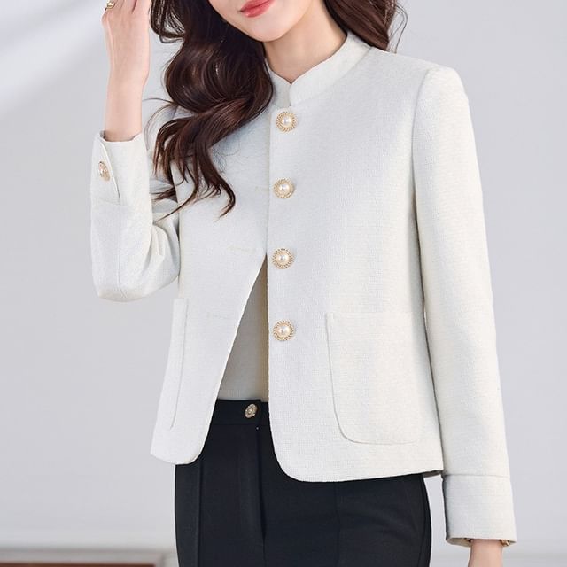 Skyheart-Stand Collar Tweed Faux Pearl Button Jacket