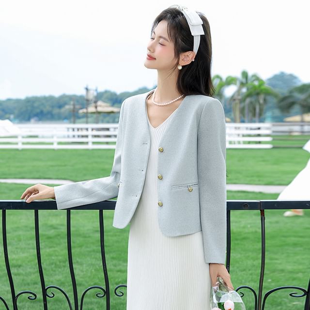 Skyheart-V-Neck Button-Up Plain Crop Jacket