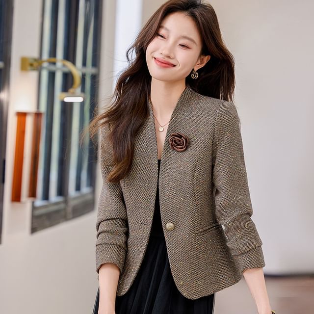 Skyheart-V-Neck Melange One-Buttoned Blazer
