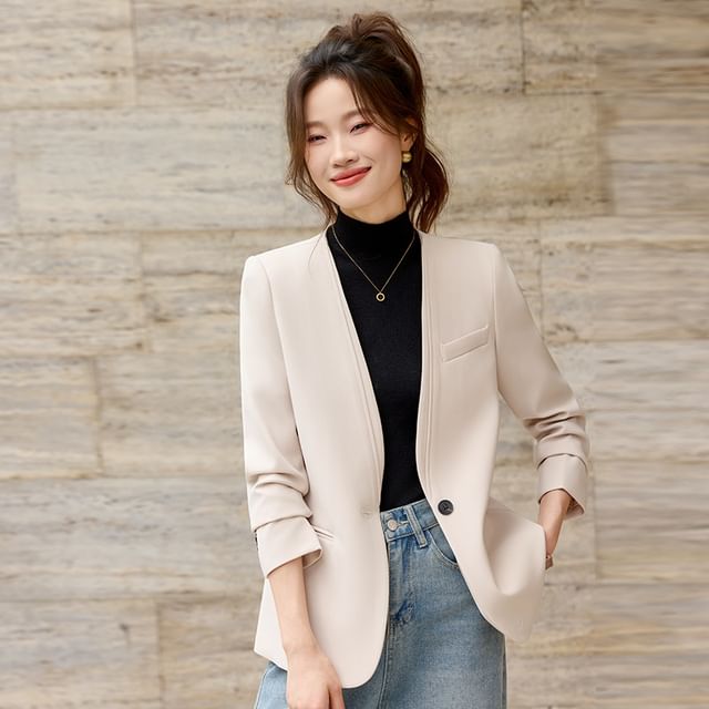Skyheart-V-Neck One-Buttoned Plain Blazer
