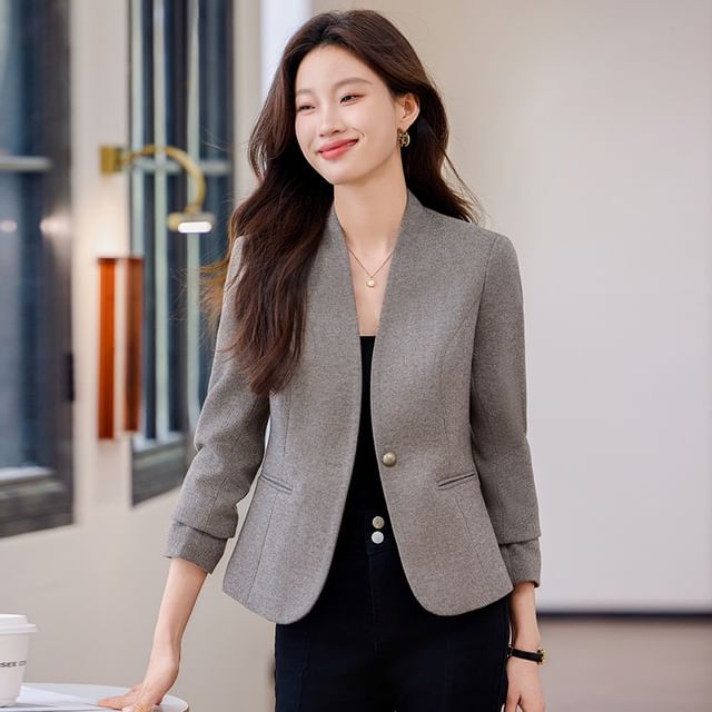 Skyheart-V-Neck One-Buttoned Plain Blazer