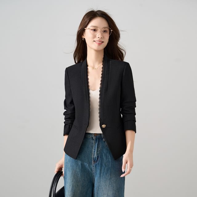 Skyheart-V-Neck Plain Lace Trim Single Breasted Blazer