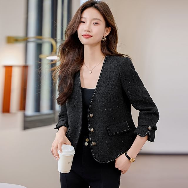 Skyheart-V-Neck Sequin Contrast Stitched Single-Breasted Blazer
