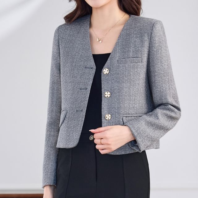 Skyheart-V-Neck Tweed Button Jacket