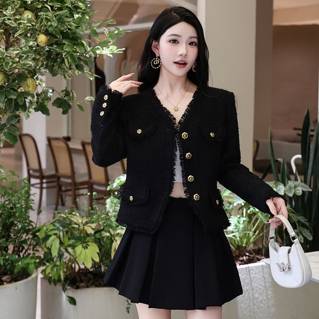 Skyheart-V-Neck Tweed Button-Up Jacket