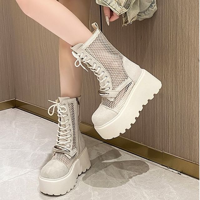 Sleeko-Lace-Up Mesh Panel Platform Mid-Calf Boots