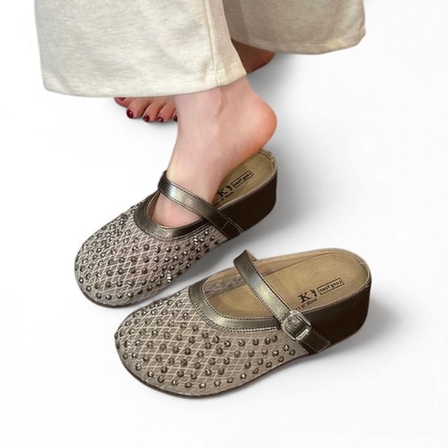 Sleeko-Platform Beaded Mesh Mary Jane Mules