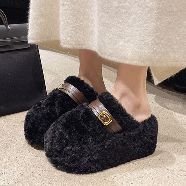 Sleeko-Platform Buckled Fleece Mules