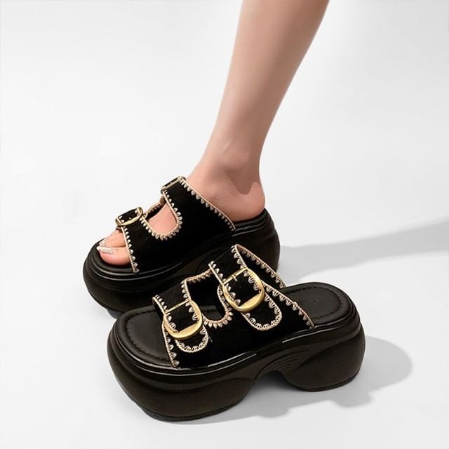 Sleeko-Platform Contrast Stitched Buckled Open Toe Slide Sandals