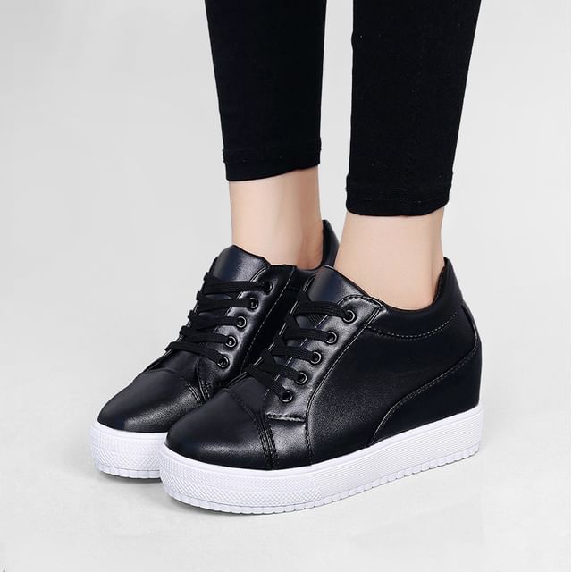 Sleeko-Platform Hidden Wedge Plain Lace Up Sneakers