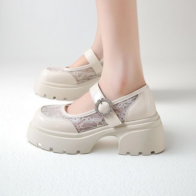 Sleeko-Platform Lace Panel Mary Jane Shoes