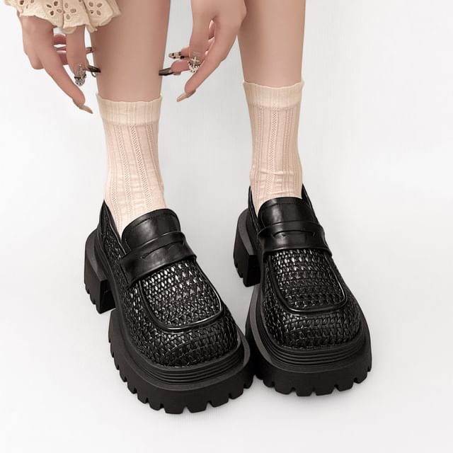 Sleeko-Platform Panel Woven Penny Loafers