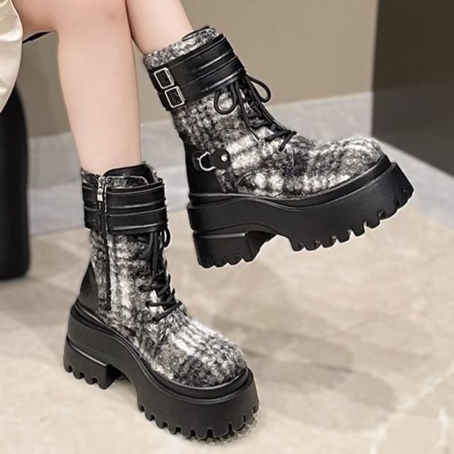 Sleeko-Platform Plaid Boucle Buckled Lace Up Short Boots