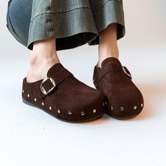 Sleeko-Platform Studded Buckled Faux Suede Mules