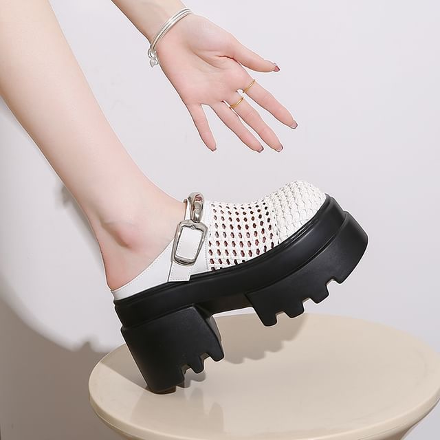 Sleeko-Platform Woven Buckled Mules